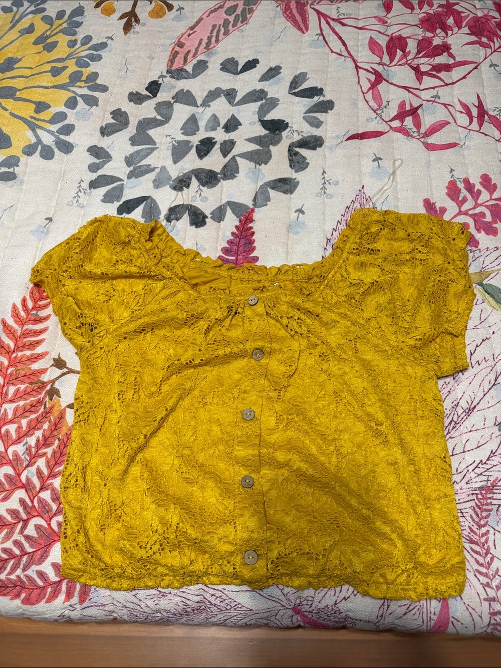 No Boundaries Mustard Lace Button-Front Crop Top